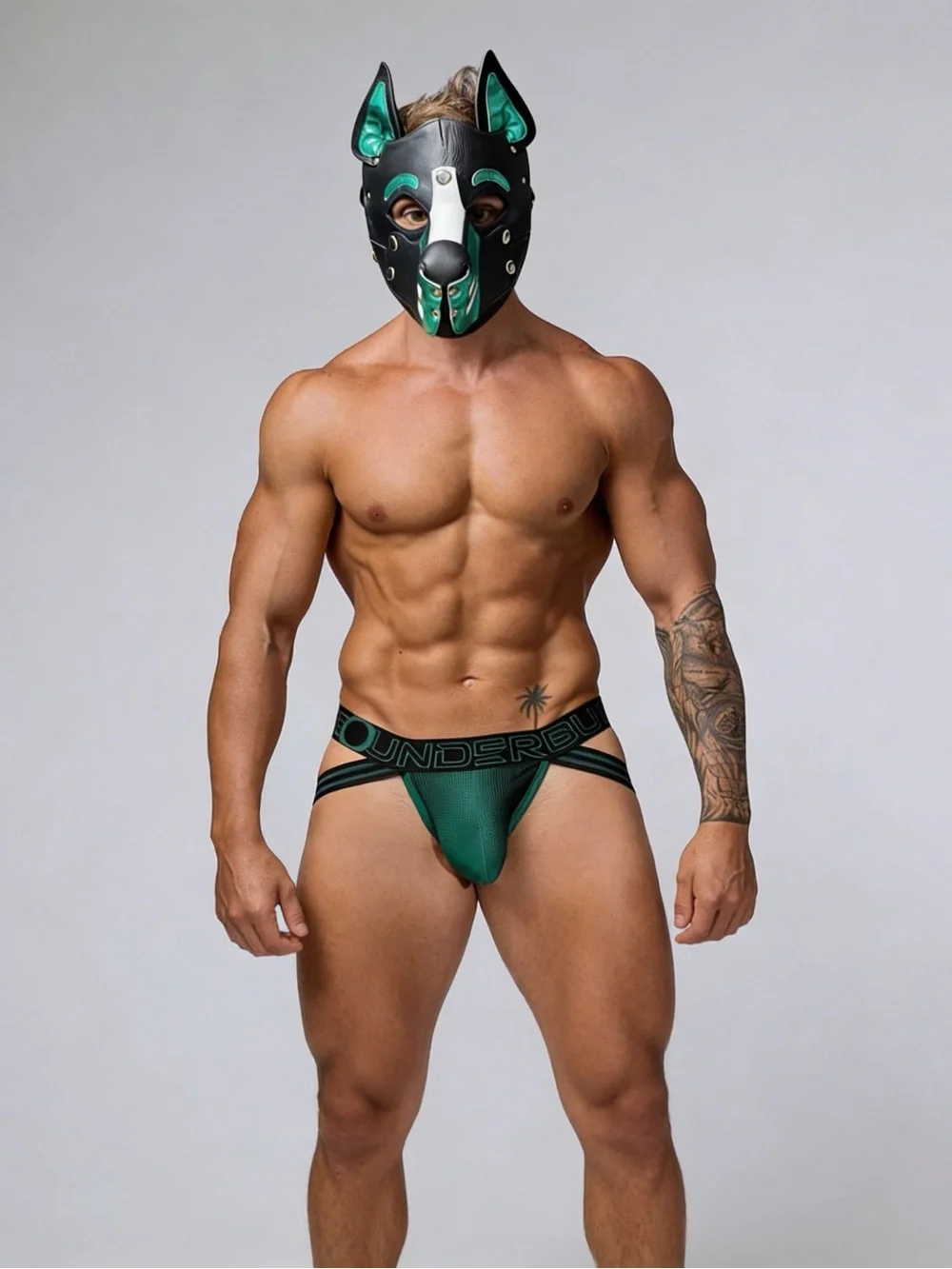 Leather Canine Face Mask in Black & Green